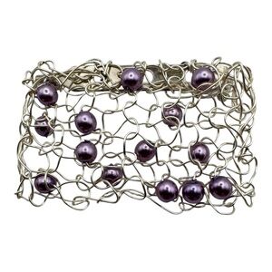 1.5” Wire Mesh Brooch with Purple‎ Beads – Abstract Art Jewelry Pin